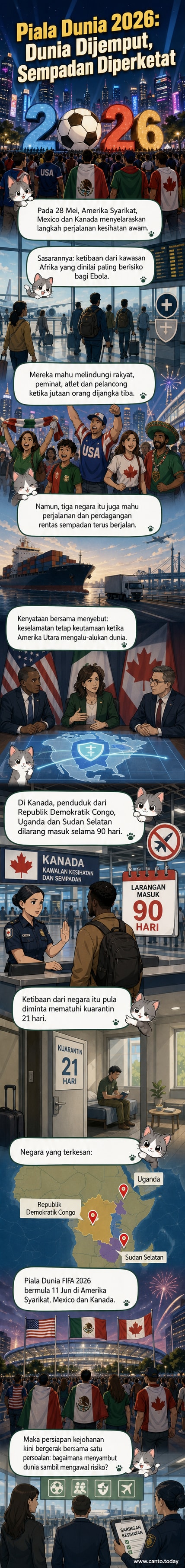 Tiga bendera Amerika Syarikat, Mexico dan Kanada berkibar di hadapan stadion bola sepak, dengan ikon virus dan peringatan kesihatan di latar belakang.