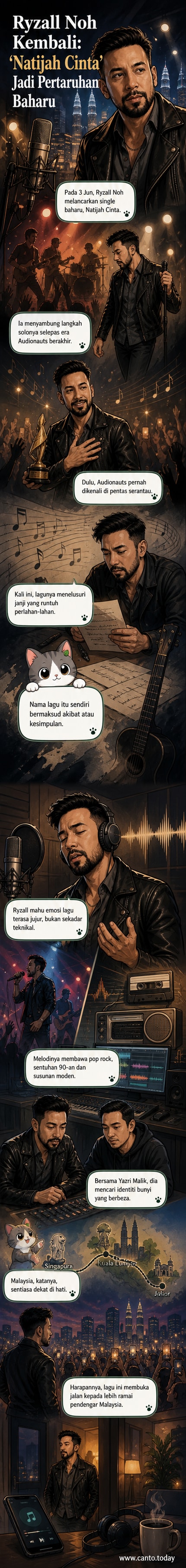 Penyanyi Ryzall Noh berdiri di tengah pentas gelap dengan mikrofon di tangan, latar belakang paparan visual lagu 'Natijah Cinta' dengan nuansa suram dan nada emosi yang tinggi.