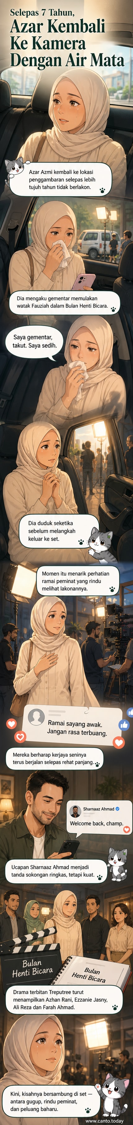 Pelakon Azar Azmi menangis di dalam kereta sebelum masuk ke set penggambaran drama 'Bulan Henti Bicara', menandakan kembalinya dia selepas rehat tujuh tahun.