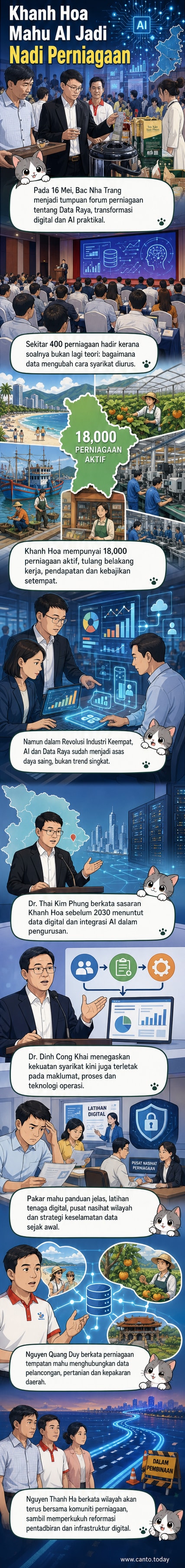 Forum perniagaan di Khanh Hoa dengan panel pakar membincangkan transformasi digital dan penggunaan AI dalam pengurusan perniagaan.