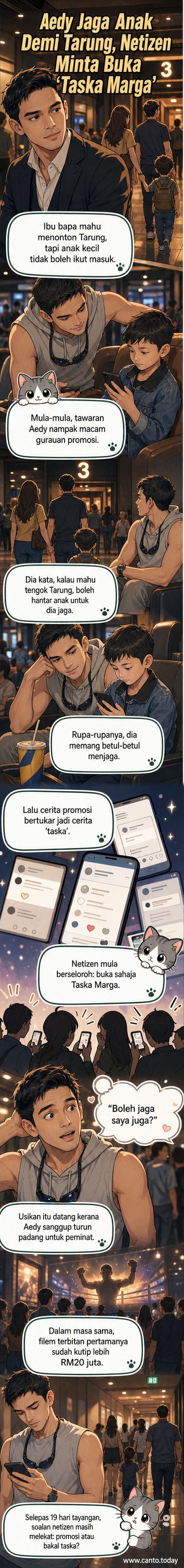 Ilustrasi pelakon Aedy Ashraf menjaga beberapa kanak-kanak di luar pawagam sambil memegang poster filem Tarung The Unforgiven.