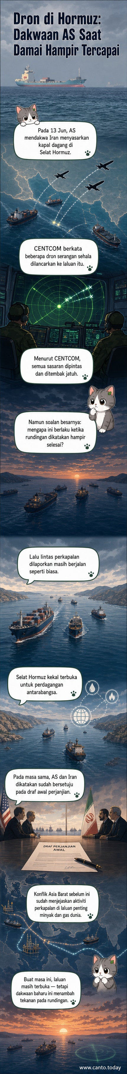 Ilustrasi kapal tentera AS di Selat Hormuz menembak jatuh dron serangan, dengan kapal dagang di latar belakang dan langit berawan.