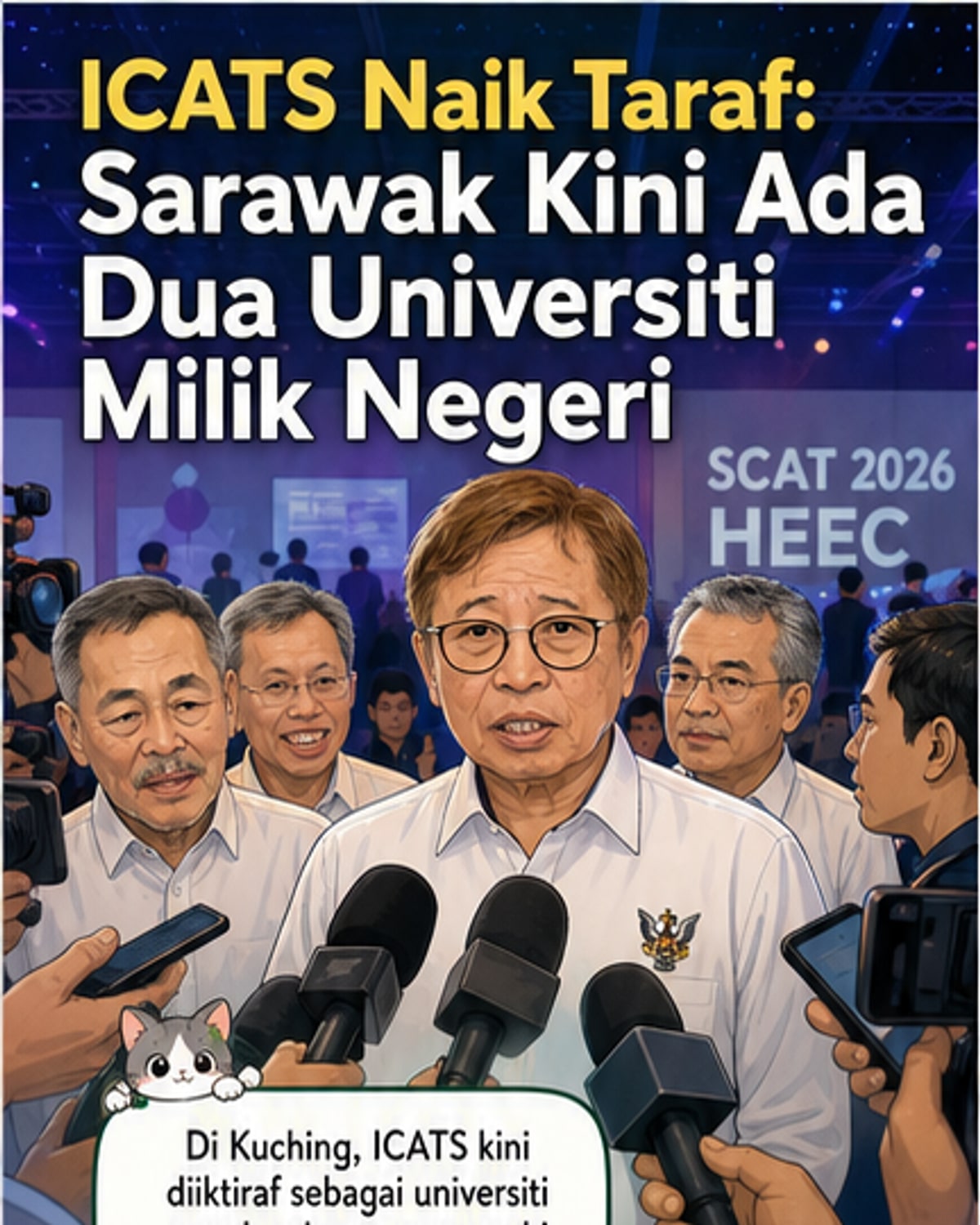 Bangunan kampus ICATS di Kuching dengan bendera Sarawak berkibar, simbolik naik taraf ke universiti penuh.
