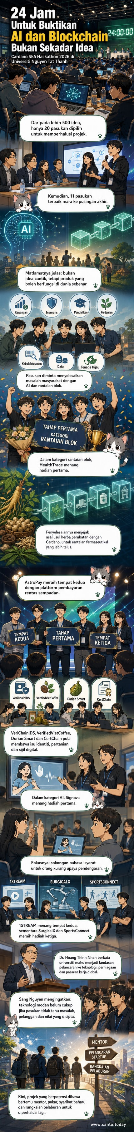 Pelajar membentangkan projek teknologi AI dan blockchain dalam acara hackathon di Vietnam, dengan pameran skrin dan panel penilaian.