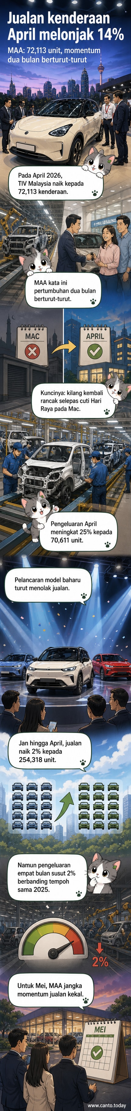 Grafik menunjukkan lonjakan jualan kenderaan di Malaysia pada April 2026 dengan ilustrasi kereta dan angka pertumbuhan 14%.