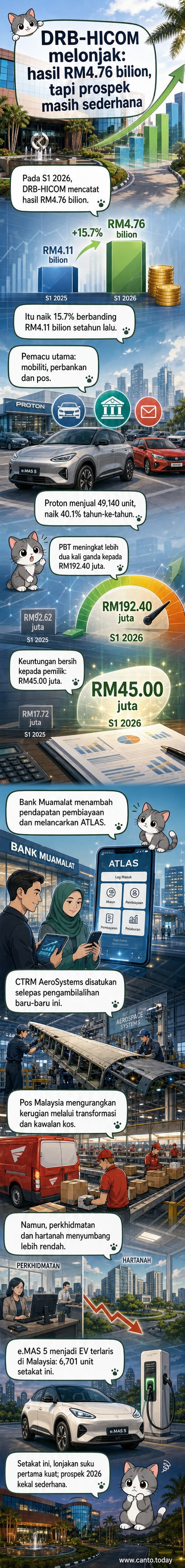 Infografik menunjukkan peningkatan hasil DRB-HICOM dari RM4.11 bilion ke RM4.76 bilion, dengan kontribusi dari Proton, Bank Muamalat, dan Pos Malaysia, serta lonjakan jualan EV e.MAS 5.