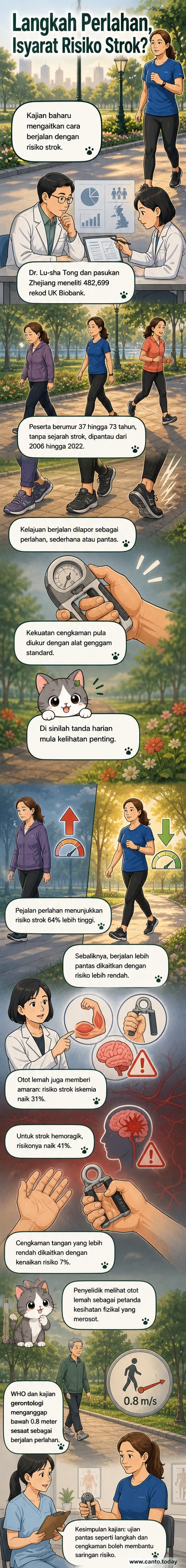 Ilustrasi seorang warga emas berjalan perlahan di jalan raya dengan bayangan otak di latar belakang, menunjukkan kaitan antara kelajuan berjalan dan kesihatan otak.