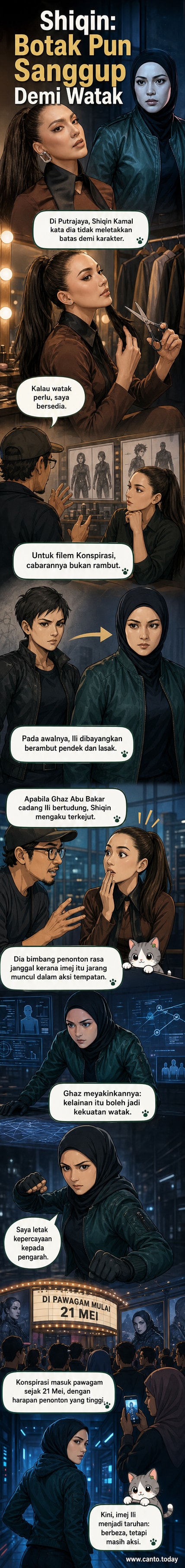 Pelakon Shiqin Kamal dalam watak Ili berhijab dari filem Konspirasi, dengan latar belakang aksi dan dramatik.