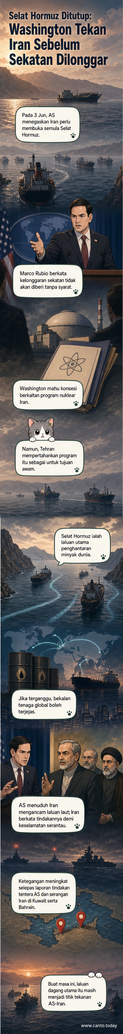 Pemandangan kapal-kapal berlabuh di Selat Hormuz dari Musandam, Oman, dengan latar belakang kawasan pergunungan, menunjukkan kepadatan lalu lintas maritim di laluan strategik itu.