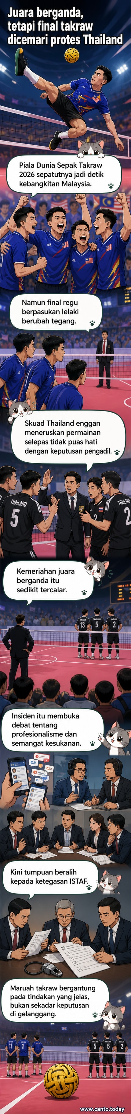 Perejam negara Azlan Alias melakukan libasan dalam aksi Piala Dunia Sepak Takraw ISTAF 2026, diiringi suasana tegang akibat protes Thailand dalam final.