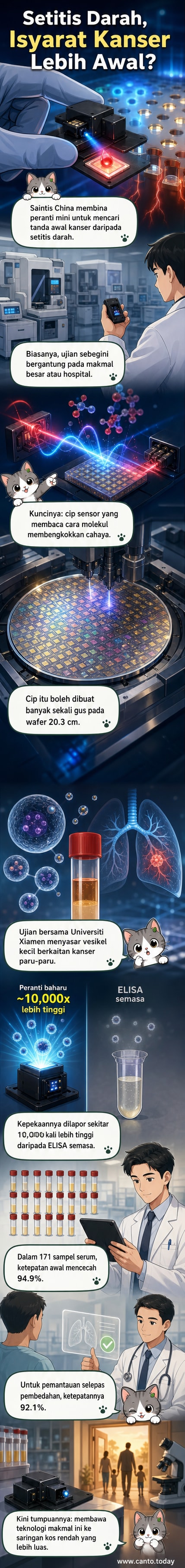 Ilustrasi peranti kecil berbentuk kotak putih dengan lampu LED, menguji setitis darah di atas meja makmal, dengan latar belakang gambar mikroskopik sel dan gelombang cahaya.