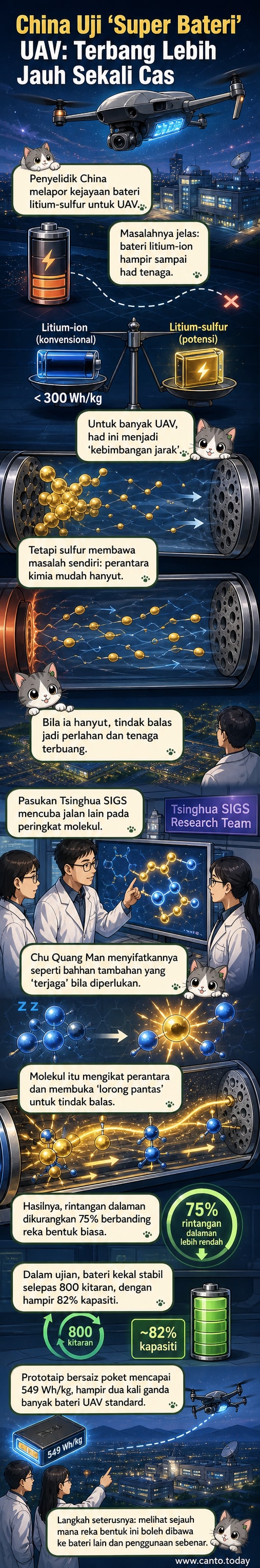 Ilustrasi bateri super litium-sulfur dengan struktur molekul yang diperbaiki, digambarkan dalam konteks drone terbang di langit malam.