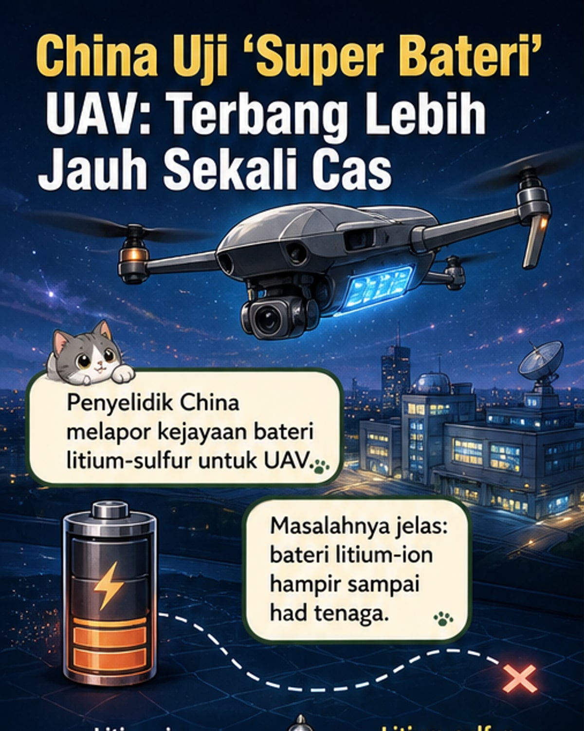 Ilustrasi bateri super litium-sulfur dengan struktur molekul yang diperbaiki, digambarkan dalam konteks drone terbang di langit malam.