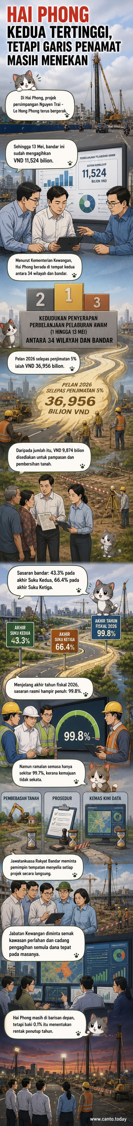 Ilustrasi pembinaan jalan di bandar Hai Phong dengan grafik menunjukkan peratusan penyerapan dana pelaburan awam hingga 30% pada pertengahan tahun fiskal 2026.