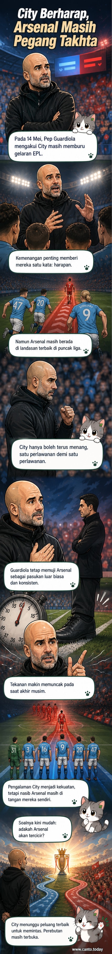 Pelatih Pep Guardiola berdiri di tepi padang, memandang tajam ke arah permainan berlangsung, suasana tegang dalam perebutan kejuaraan Liga Perdana Inggeris.
