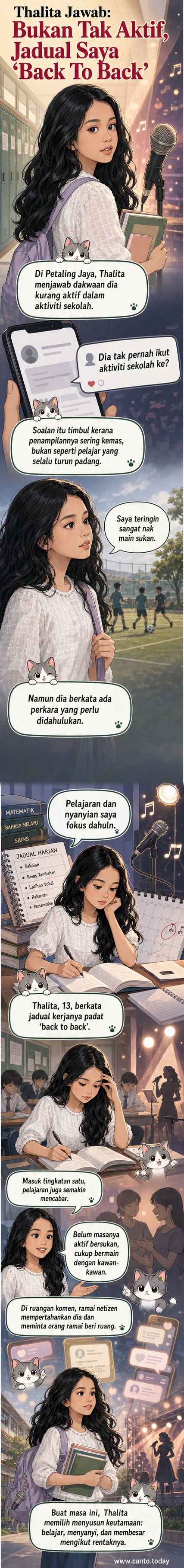 Ilustrasi remaja perempuan berseragam sekolah, memegang mikrofon dengan jadual padat terpapar di latar belakang.