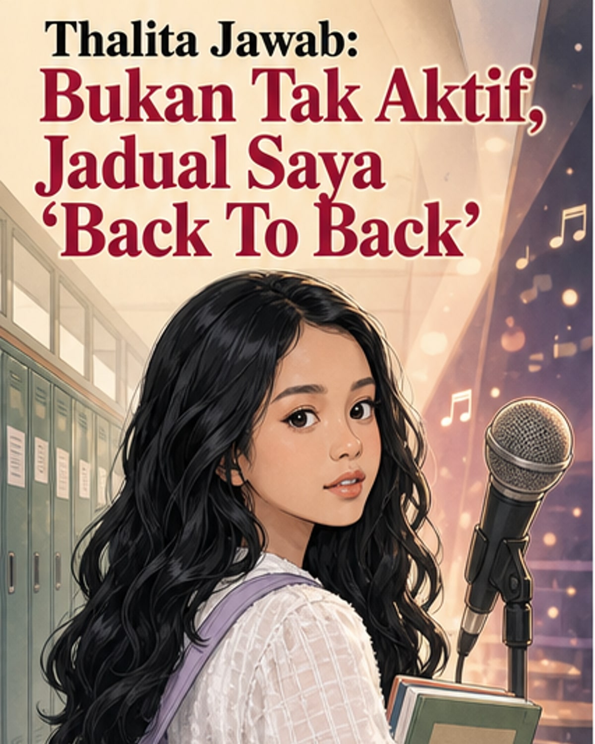 Ilustrasi remaja perempuan berseragam sekolah, memegang mikrofon dengan jadual padat terpapar di latar belakang.
