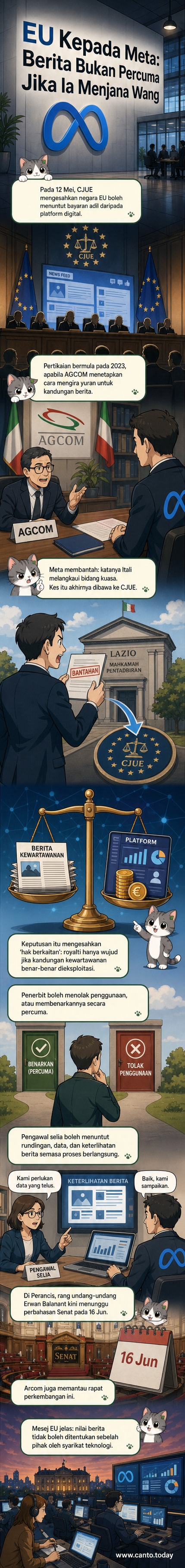 Ilustrasi dua pihak berunding di hadapan bangunan mahkamah Eropah, dengan logo Meta dan akhbar di latar belakang, menunjukkan konflik antara platform digital dan media berita.