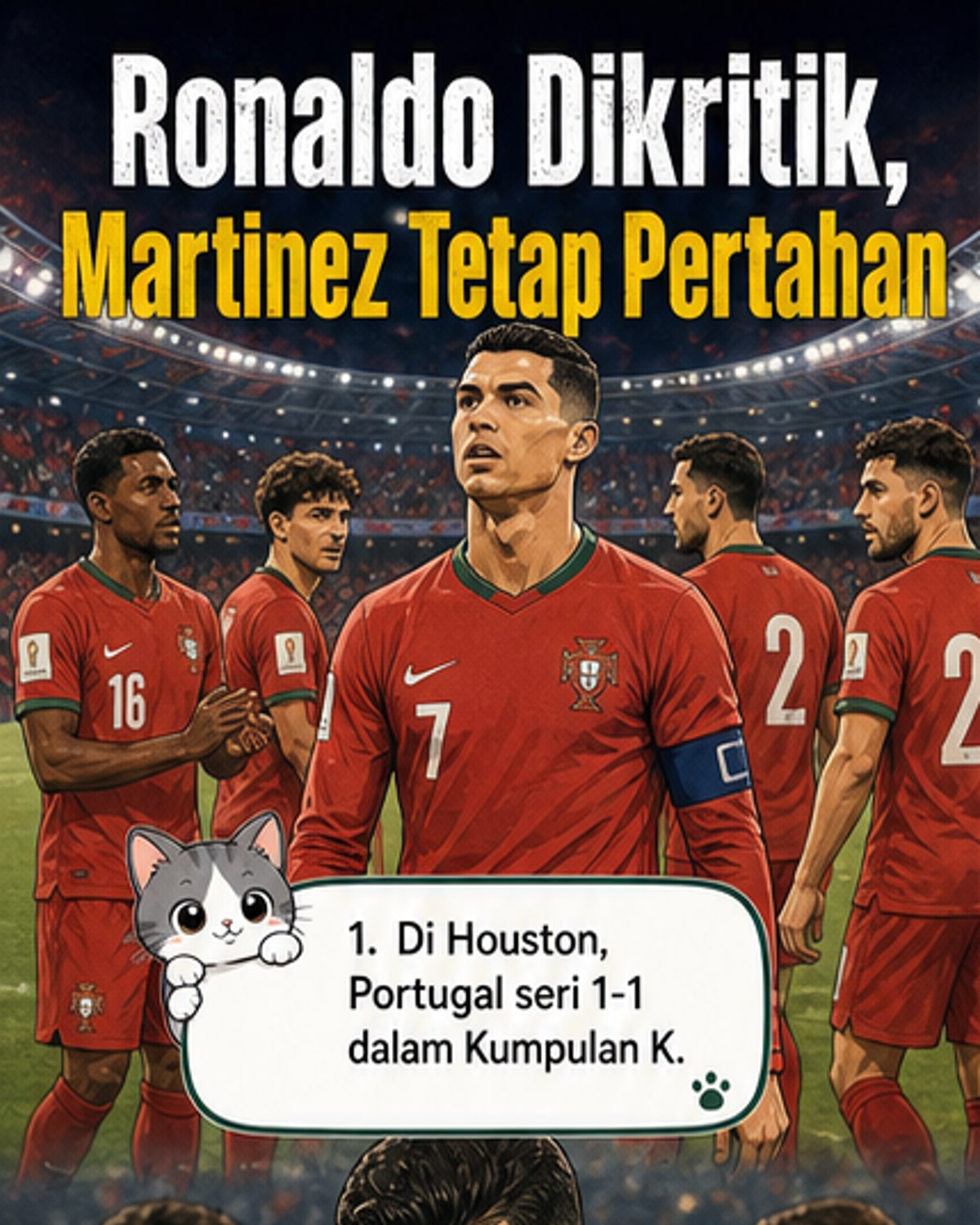 Ilustrasi Roberto Martinez menepis kritikan terhadap Cristiano Ronaldo selepas perlawanan seri 1-1 dalam Piala Dunia 2026, dengan latar belakang padang bola dan penyokong.
