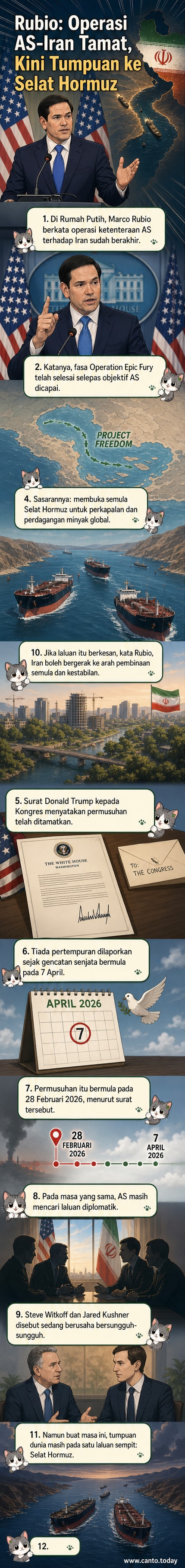 Ilustrasi webtoon berita menunjukkan kapal tentera AS berundur dari kawasan berhampiran Selat Hormuz, dengan bendera 'misinya selesai' dan simbol damai muncul, sementara kapal dagang bersedia melalui laluan strategik itu.