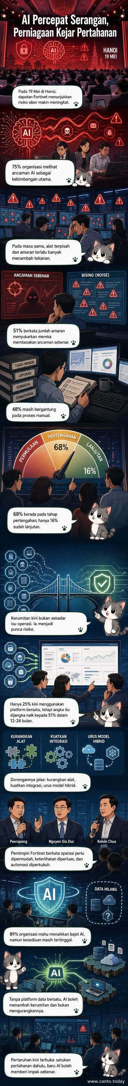 Ilustrasi digital menunjukkan perisian keselamatan siber yang diancam oleh aliran data AI yang gelap, dengan simbol kunci dan perisai yang retak.