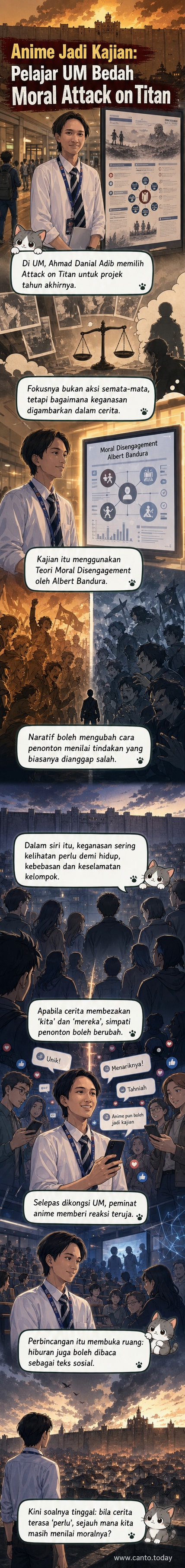 Pelajar universiti menganalisis adegan dari 'Attack on Titan' menggunakan teori psikologi moral dalam projek akademik.
