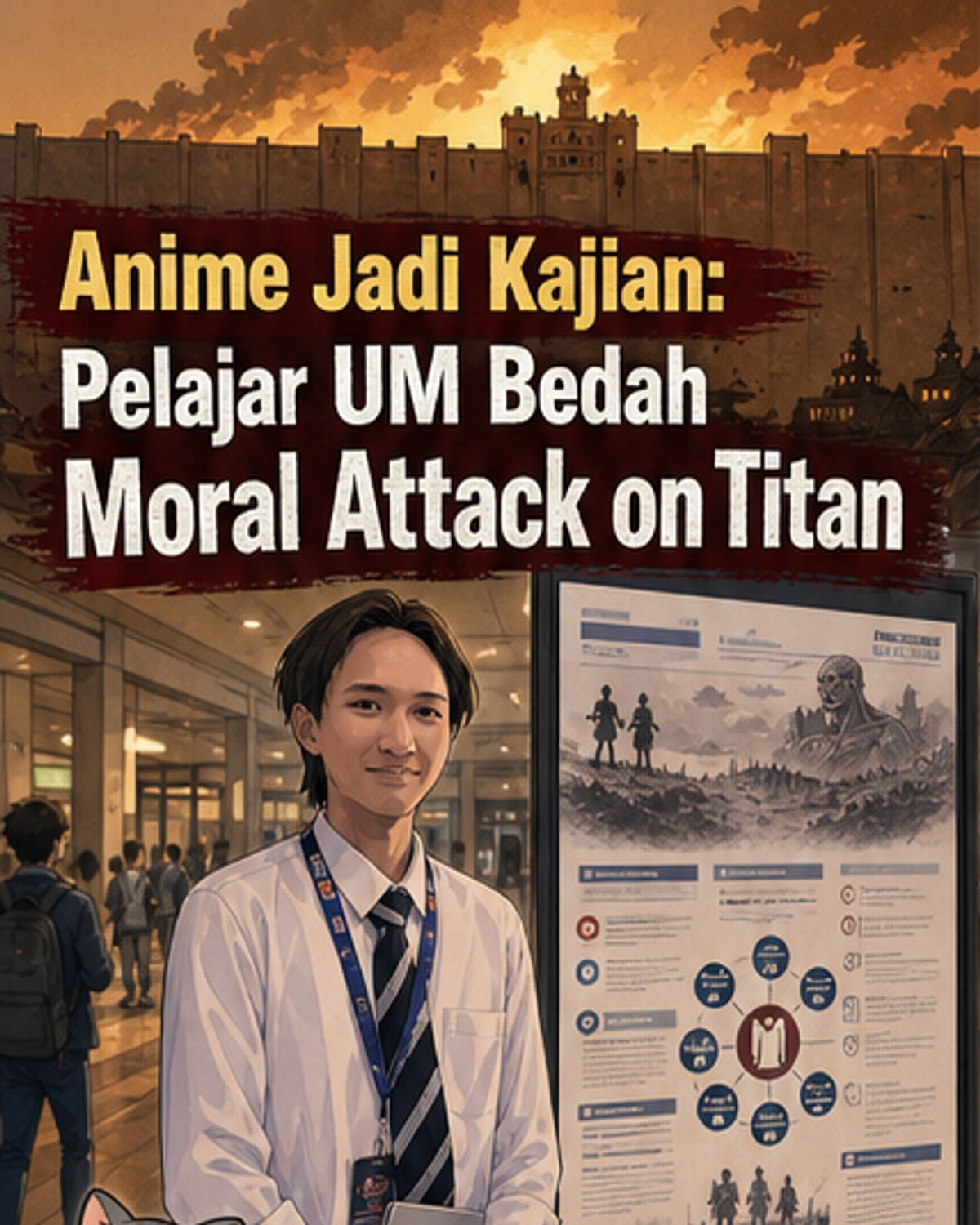 Pelajar universiti menganalisis adegan dari 'Attack on Titan' menggunakan teori psikologi moral dalam projek akademik.