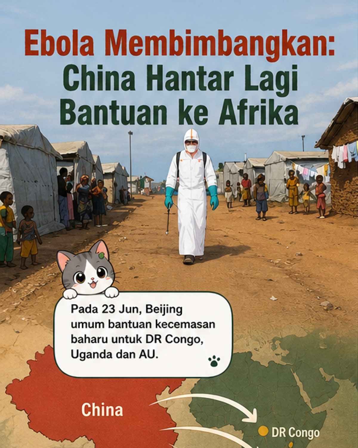 Ilustrasi petugas perubatan memakai pakaian keselamatan di kawasan wabak Ebola, dengan latar belakang kapal terbang bantuan dari China tiba di lapangan terbang DR Congo.