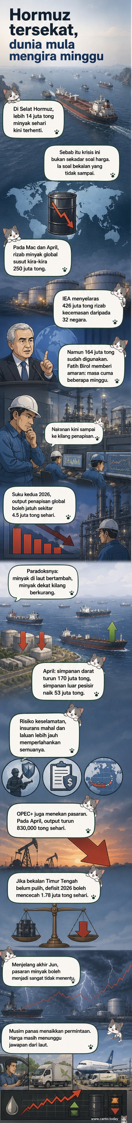 Kapal-kapal menunggu di luar Selat Hormuz sambil pasaran minyak global menghadapi tekanan teruk akibat gangguan penghantaran.