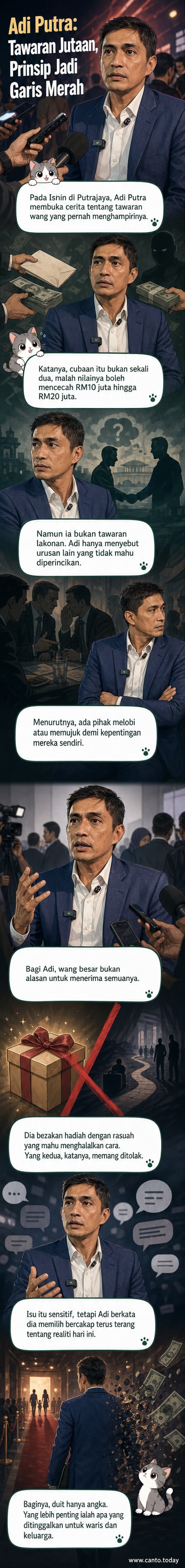 Pelakon Adi Putra berdiri di karpet merah, menghadap kamera dengan ekspresi serius, latar belakang papan iklan filem 'Konspirasi'.