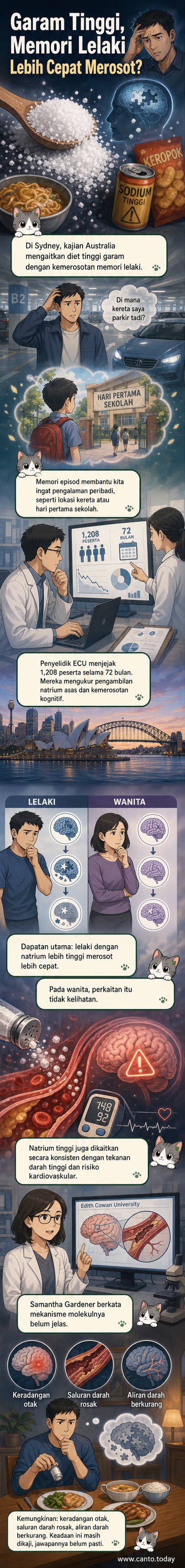 Ilustrasi otak manusia dengan simbol garam dan panah menunjukkan aliran darah berkurang, menggambarkan kesan diet tinggi natrium terhadap fungsi otak lelaki.