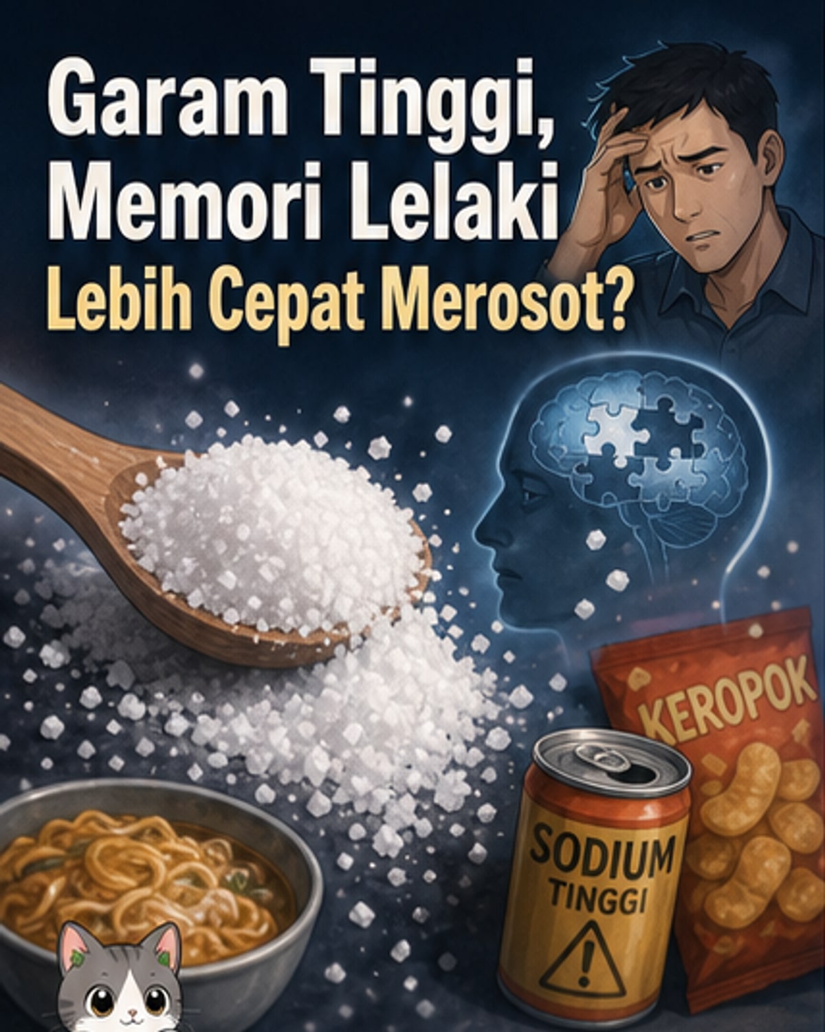 Ilustrasi otak manusia dengan simbol garam dan panah menunjukkan aliran darah berkurang, menggambarkan kesan diet tinggi natrium terhadap fungsi otak lelaki.