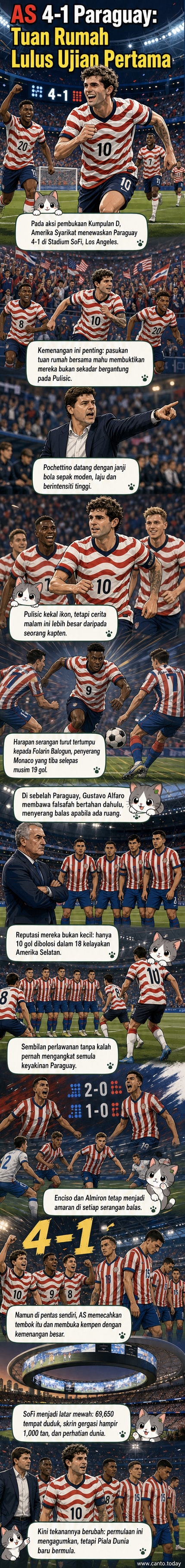 Pasukan Amerika Syarikat menyambut kemenangan 4-1 ke atas Paraguay di Stadium SoFi semasa Piala Dunia 2026, dengan para pemain bermain di bawah skrin gergasi di kubah stadium.