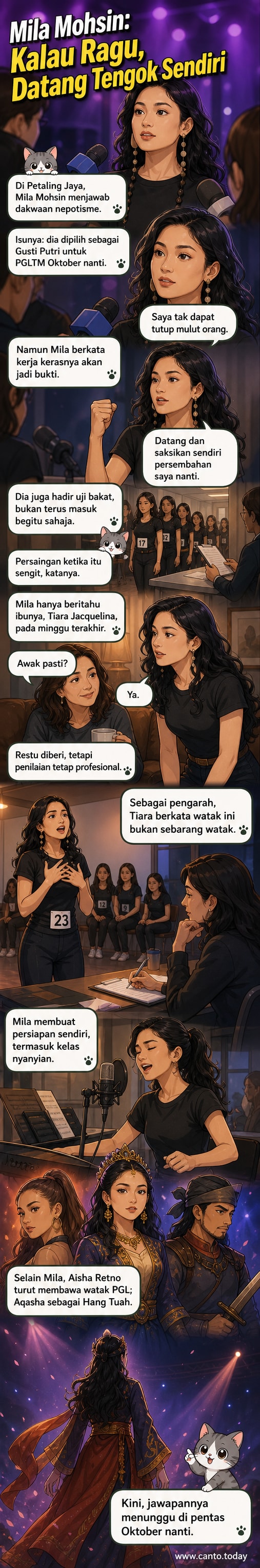 Pelakon Mila Mohsin berdiri di atas pentas kosong dengan latar poster teater muzikal Puteri Gunung Ledang, memegang mikrofon dengan ekspresi yakin.