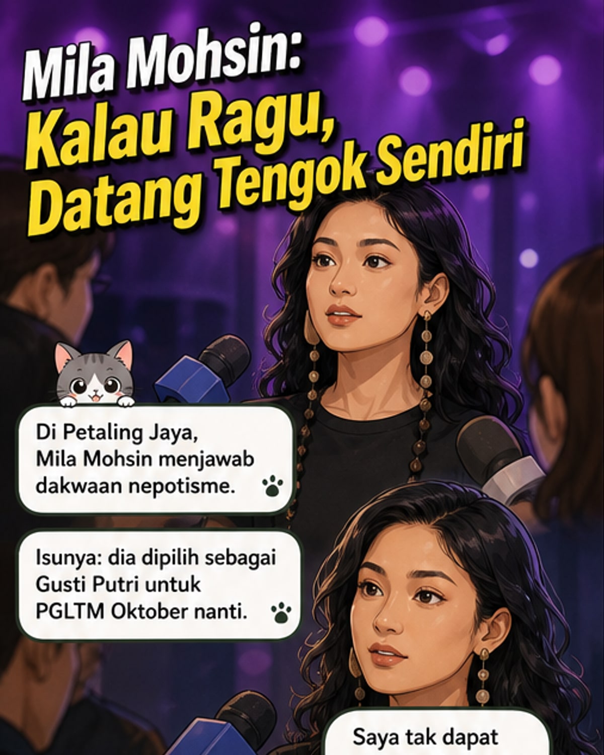 Pelakon Mila Mohsin berdiri di atas pentas kosong dengan latar poster teater muzikal Puteri Gunung Ledang, memegang mikrofon dengan ekspresi yakin.
