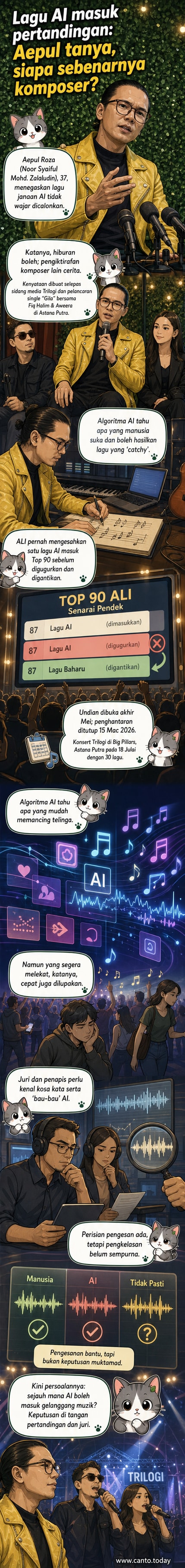Ilustrasi dua tangan, satu manusia dan satu robot, memegang not muzik, menunjukkan ketegangan antara kreativiti manusia dan teknologi AI dalam industri muzik.