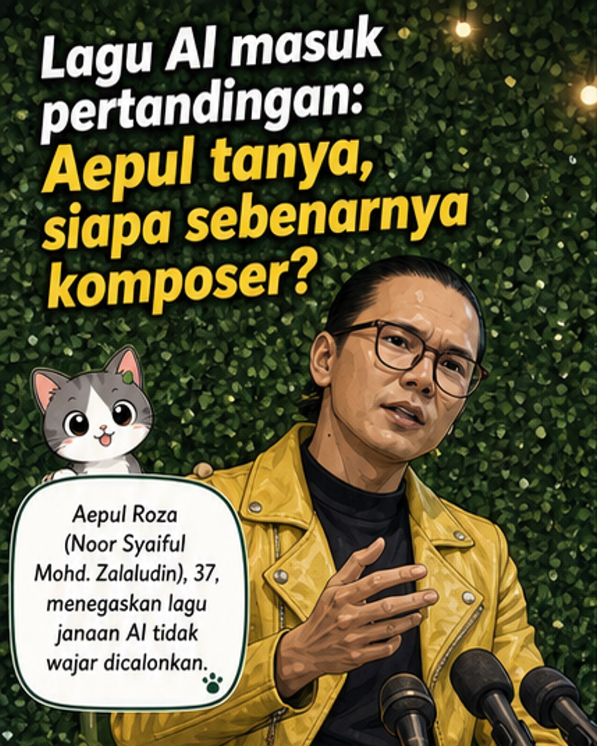 Ilustrasi dua tangan, satu manusia dan satu robot, memegang not muzik, menunjukkan ketegangan antara kreativiti manusia dan teknologi AI dalam industri muzik.