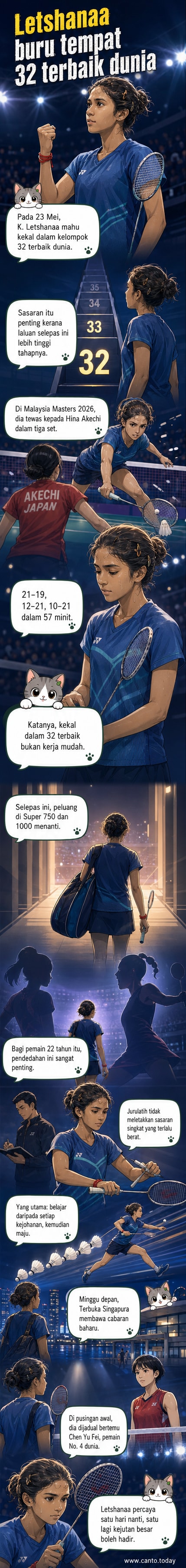 Gambar pemain badminton wanita K. Letshanaa dalam aksi perlawanan, memegang raket dengan fokus tinggi di gelanggang.