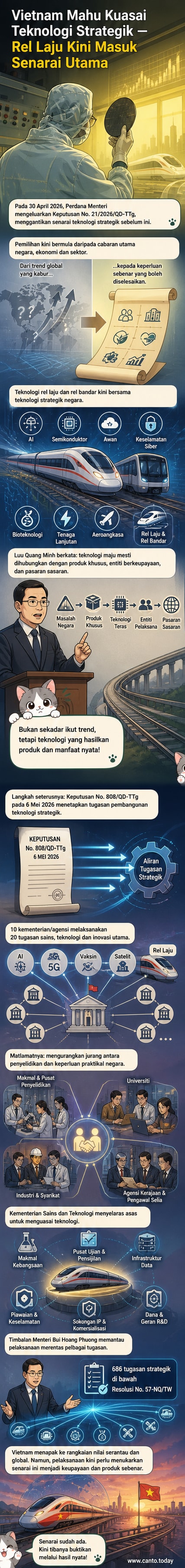 Ilustrasi kereta api berkelajuan tinggi melintasi landskap bandar masa depan dengan simbol teknologi seperti AI, cloud, dan semikonduktor di latar belakang.