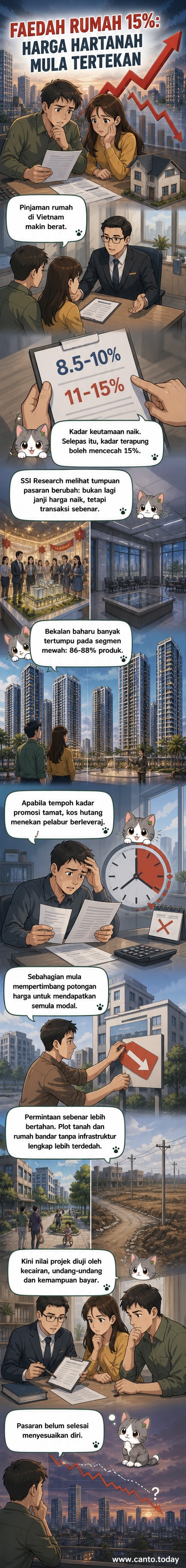Ilustrasi rumah berbentuk kotak dengan tanda persen besar menunjukkan kenaikan kadar faedah, latar belakang carta menurun mewakili pelarasan harga hartanah di Vietnam.