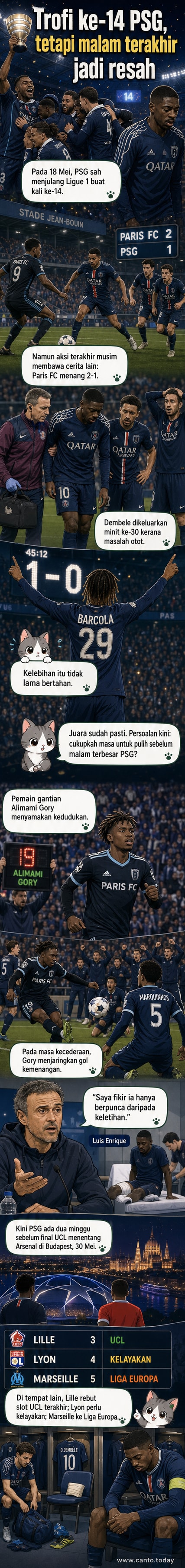 Pemain Paris Saint-Germain memegang trofi Ligue 1 sambil disaksikan peminat, tetapi skrin belakang menunjukkan keputusan kekalahan 1-2 kepada Paris FC di perlawanan terakhir.