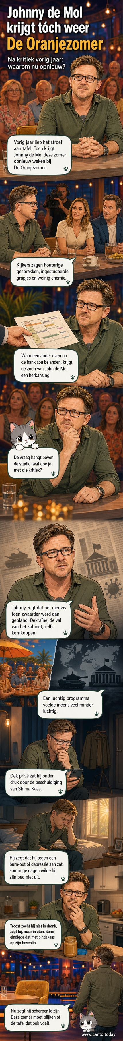 Illustratie van Johnny de Mol in een studio-omgeving, met een microfoon in de hand, terwijl kijkers op de achtergrond sceptisch kijken.