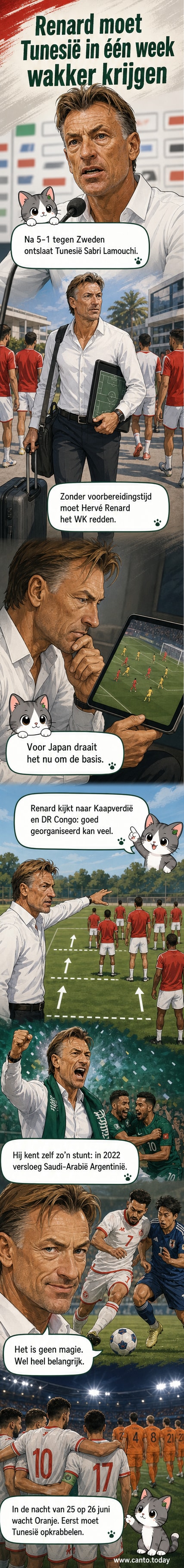 Tunesische bondscoach Hervé Renard op de bank tijdens een WK-wedstrijd, met een serieus gezicht en de spelers achter hem in het oog.