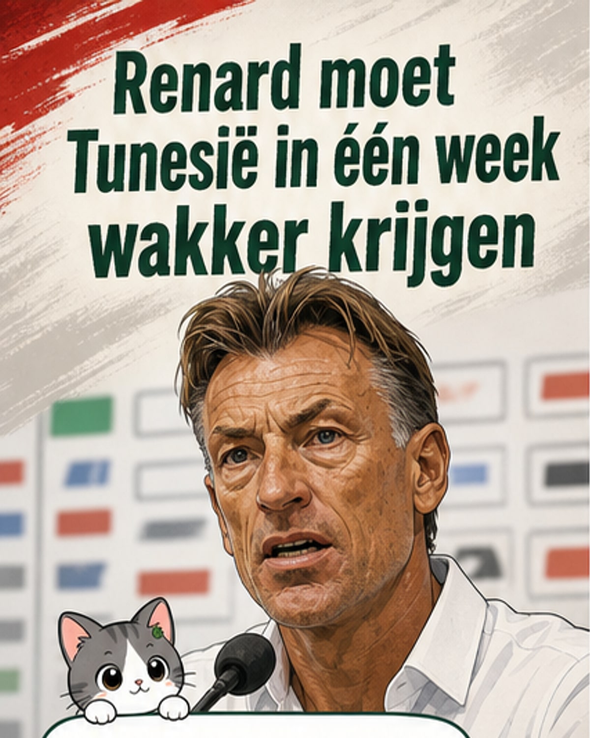 Tunesische bondscoach Hervé Renard op de bank tijdens een WK-wedstrijd, met een serieus gezicht en de spelers achter hem in het oog.