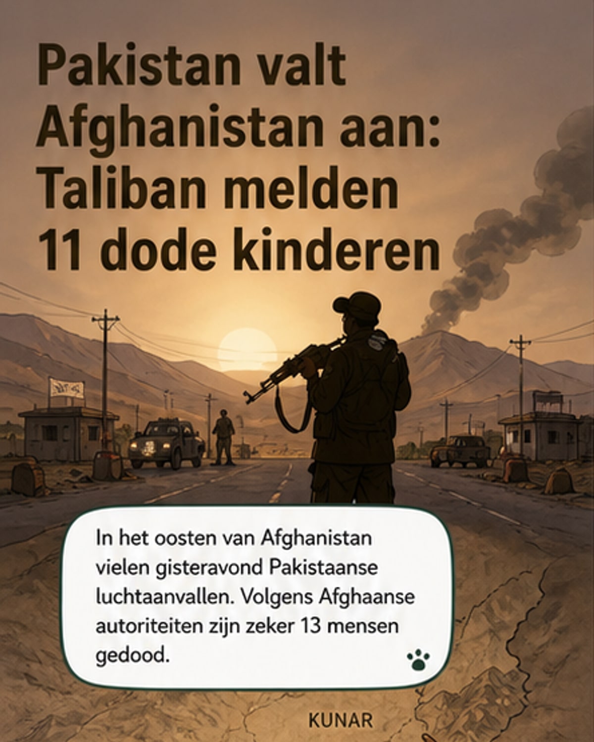 Illustratie van een nachtelijke luchtaanval op een dorpsgebied in Afghanistan, met explosies en huizen in brand, terwijl families proberen te ontsnappen.