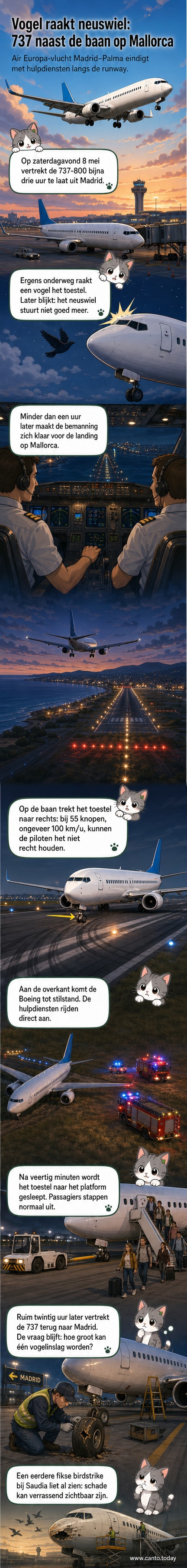 Illustratie van een Boeing 737 die schuin van de landingsbaan af rijdt op een luchthaven in Palma de Mallorca, met beschadigd neuswiel en hulpdiensten in de buurt.
