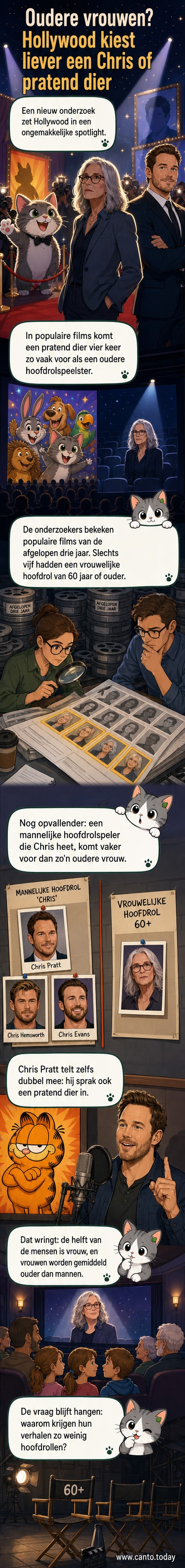 Een filmset met een pratend dier, een acteur met de naam Chris en een oudere vrouw die toekijkt, symboliserend het gebrek aan hoofdrollen voor oudere vrouwen.