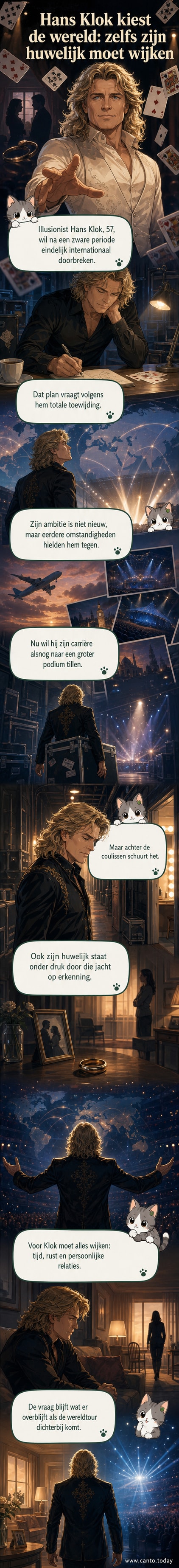 Een silhouet van illusionist Hans Klok in een dramatische pose op een donker podium, met lichteffecten die magie suggereren.