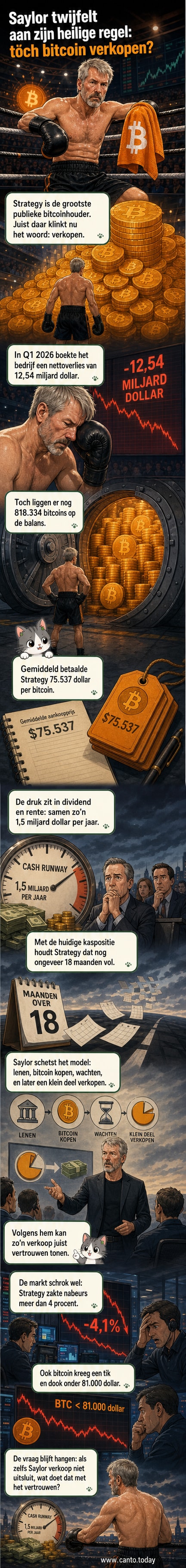 Michael Saylor wordt getoond als silhouet voor een groot scherm met dalende Bitcoin-koersgrafiek en een stapel munten die half verdwijnt in een zak met het logo van Strategy.
