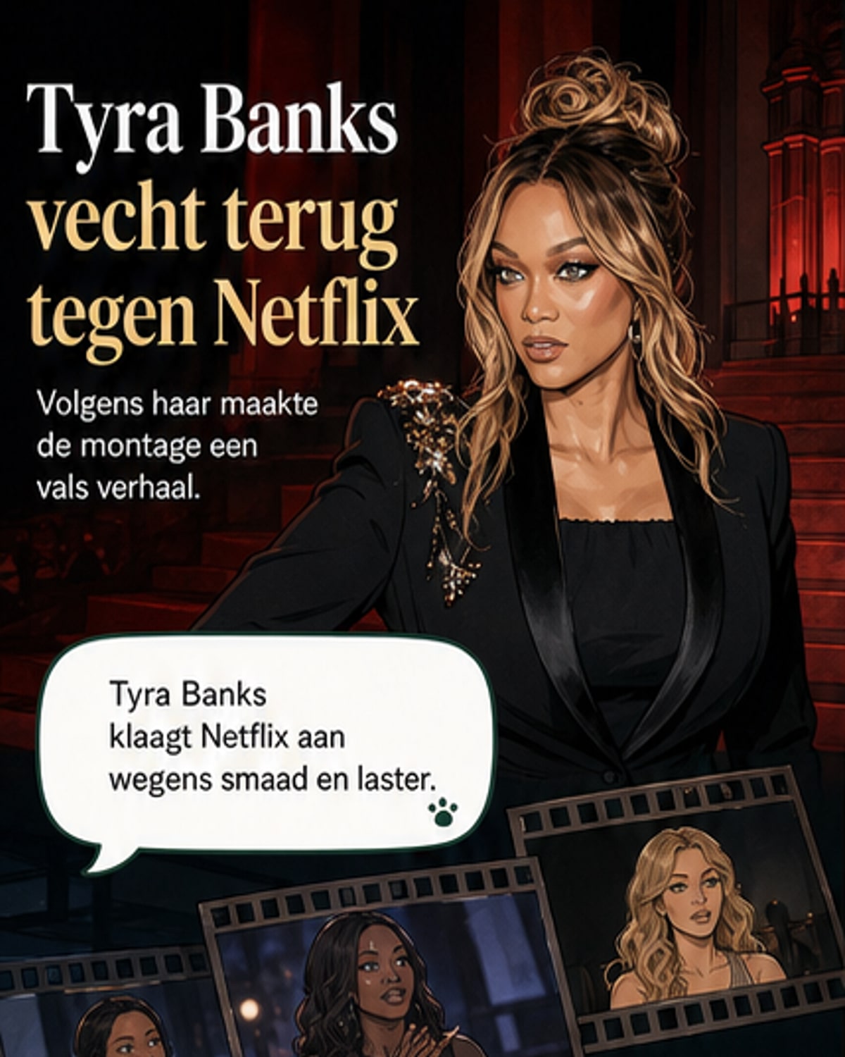 Tyra Banks in een studio, met een serieus gezicht, terwijl er achter haar een scherm toont hoe fragmenten van een interview worden gemonteerd.